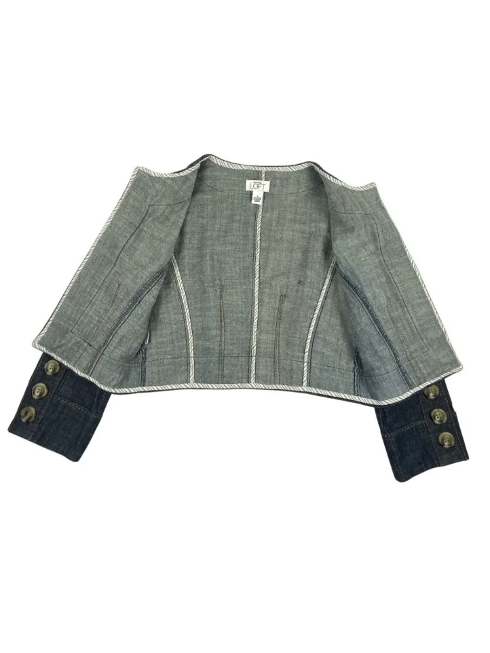 Ann Taylor Loft Denim Cropped Fitted Jacket Women’s Size 0 Button Cuff - Picture 8 of 10